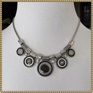 Silver Tone Black Crystal Enamel Necklace
